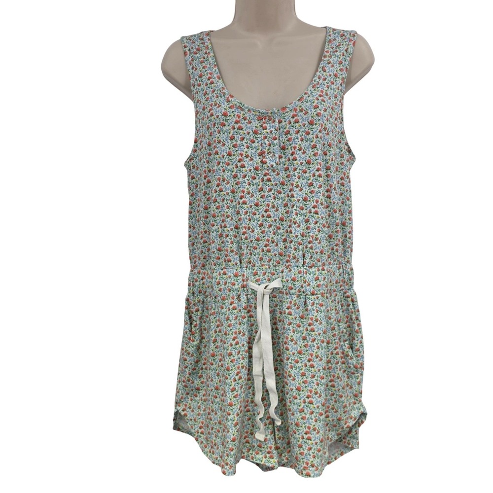 Roller Rabbit Romper Women S Blue Floral Tank Drawstring Knit Lounge Lagenlook